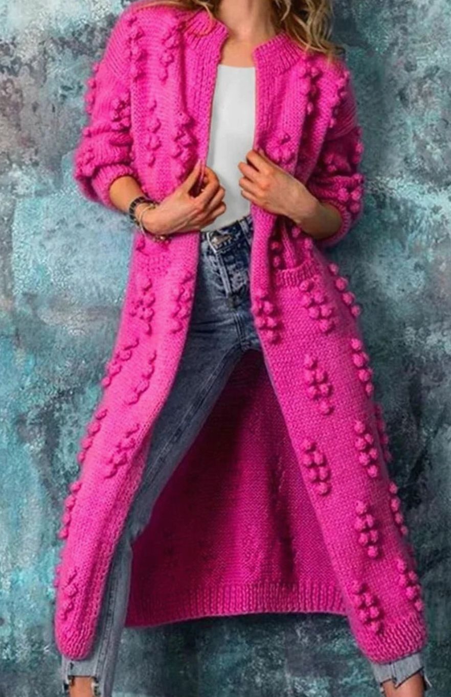 Petra | Women's Long Open-Front Pom-Pom Knitted Cardigan Sweater