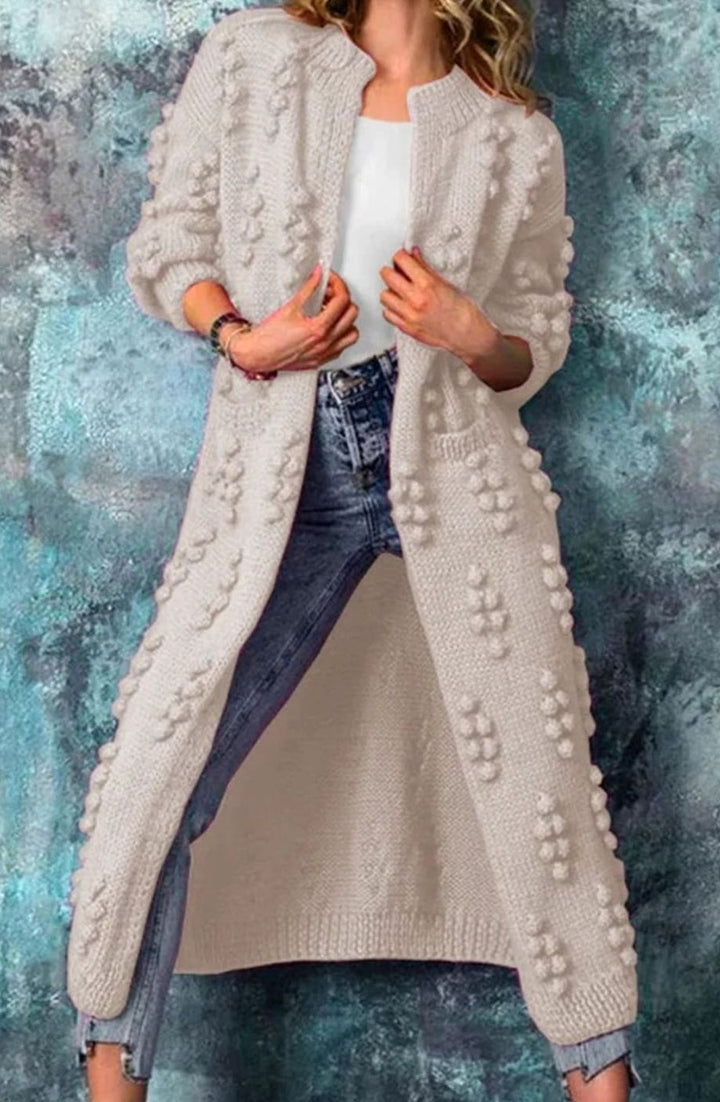 Petra | Women's Long Open-Front Pom-Pom Knitted Cardigan Sweater