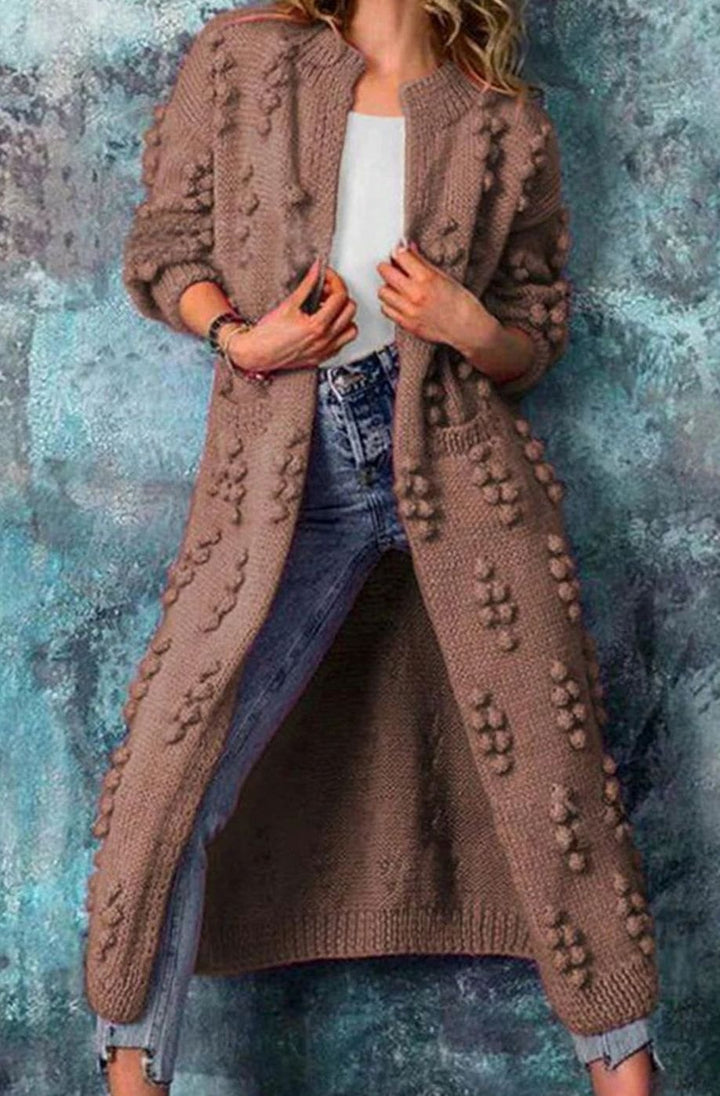 Petra | Women's Long Open-Front Pom-Pom Knitted Cardigan Sweater