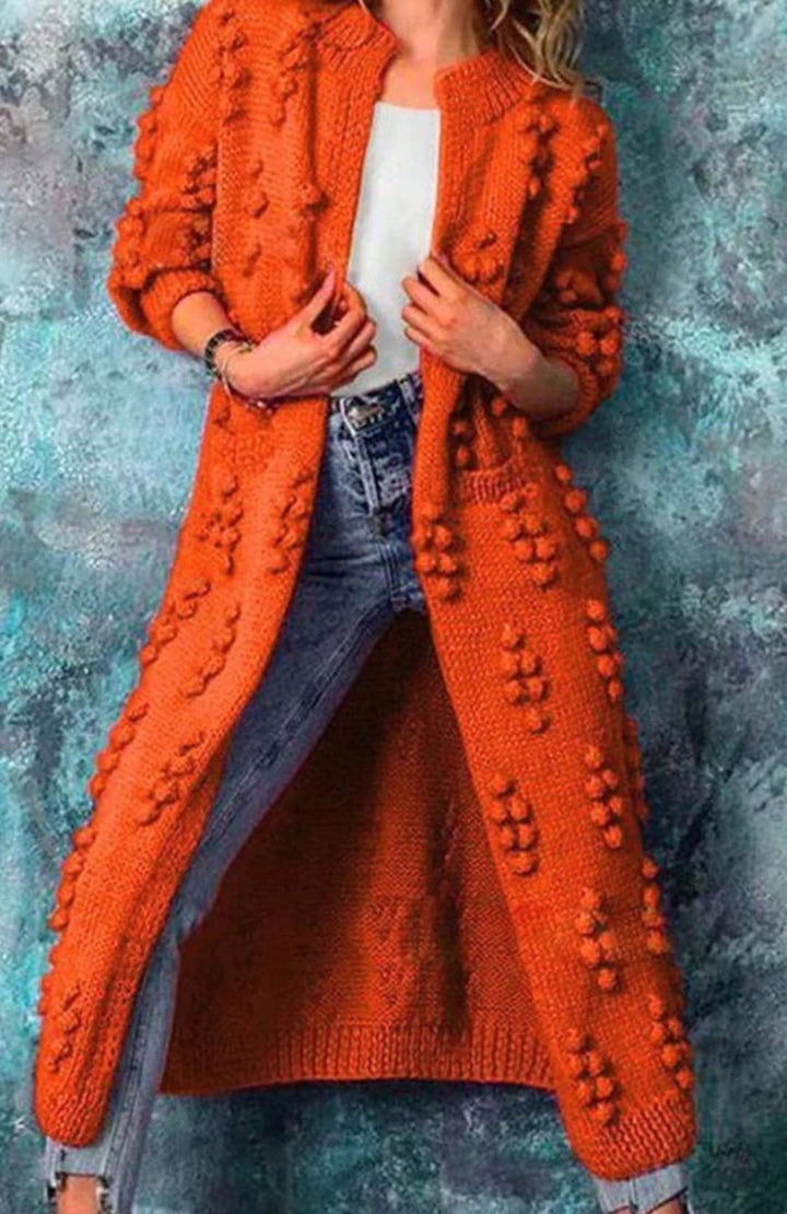 Petra | Women's Long Open-Front Pom-Pom Knitted Cardigan Sweater