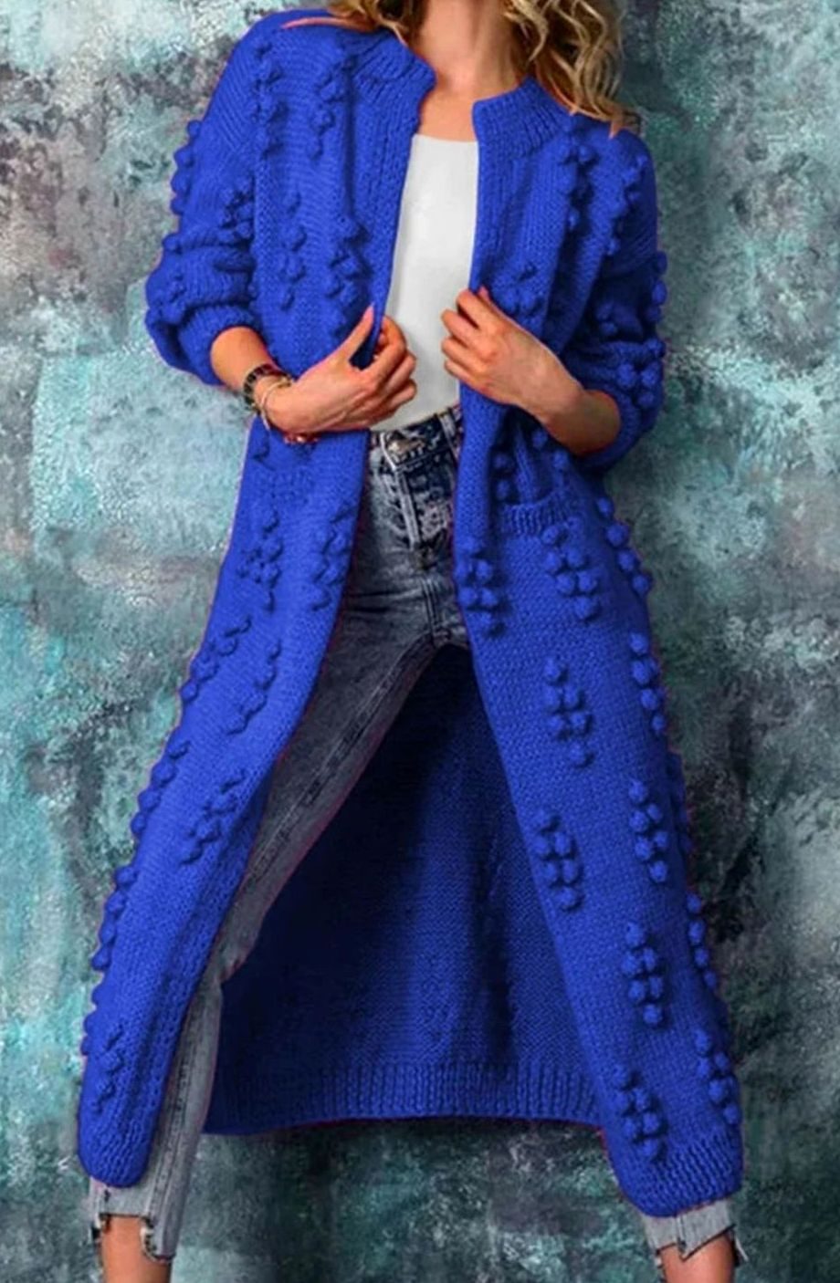 Petra | Women's Long Open-Front Pom-Pom Knitted Cardigan Sweater