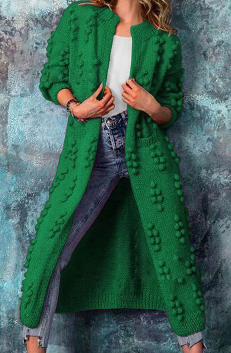 Petra | Women's Long Open-Front Pom-Pom Knitted Cardigan Sweater