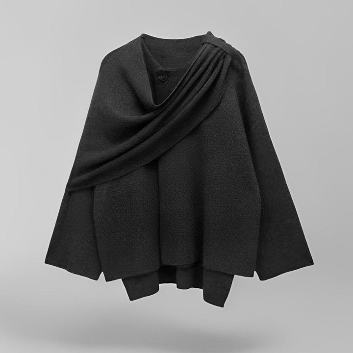 Women's hooded cape coat with draped collar and wide sleeves