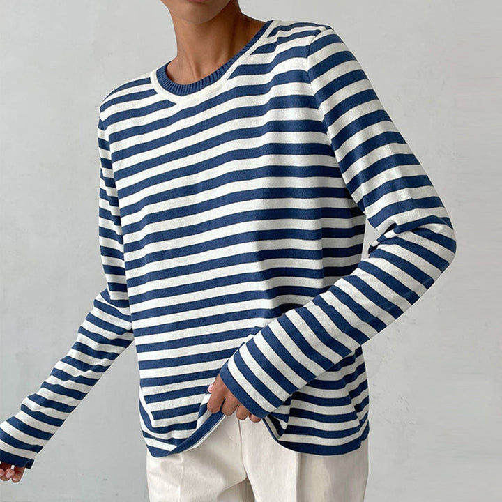 Women's long sleeve striped crew neck sweater with ribbed trims
