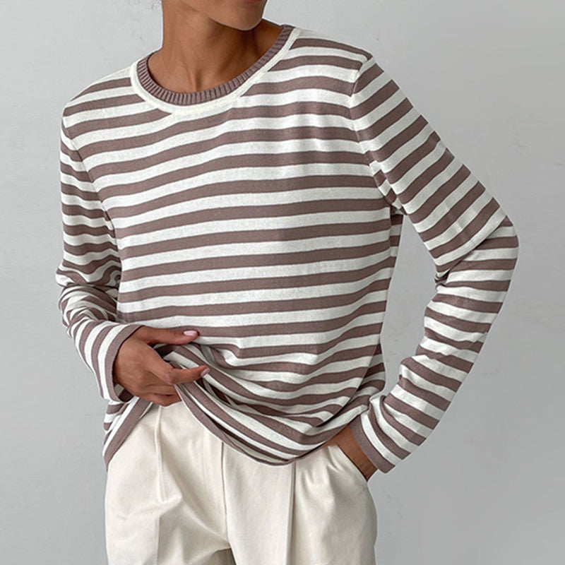 Women's long sleeve striped crew neck sweater with ribbed trims