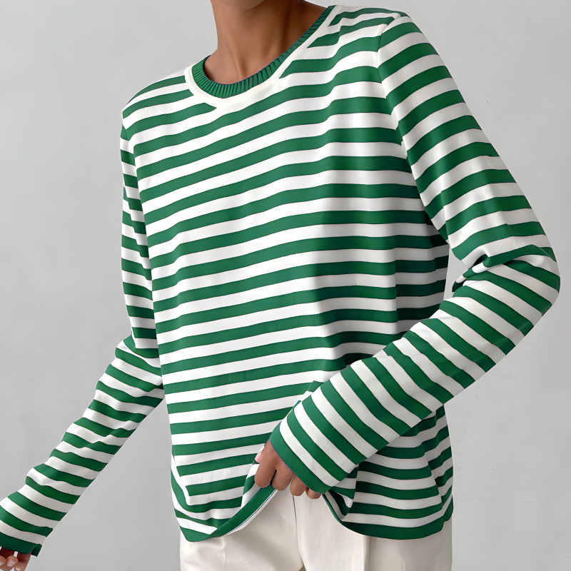 Women's long sleeve striped crew neck sweater with ribbed trims