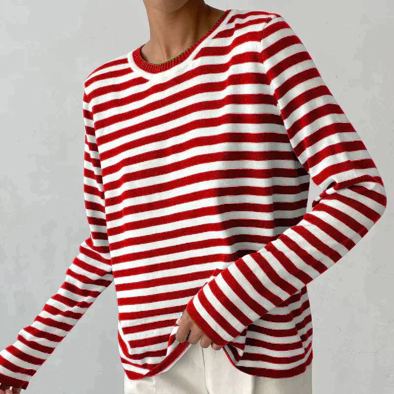 Women's long sleeve striped crew neck sweater with ribbed trims