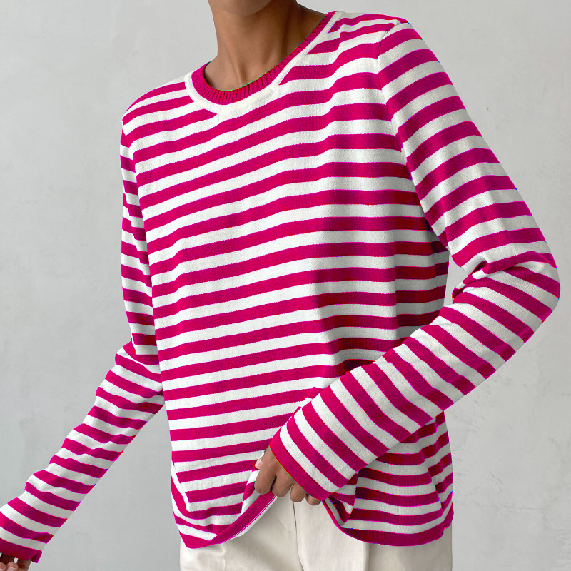 Women's long sleeve striped crew neck sweater with ribbed trims