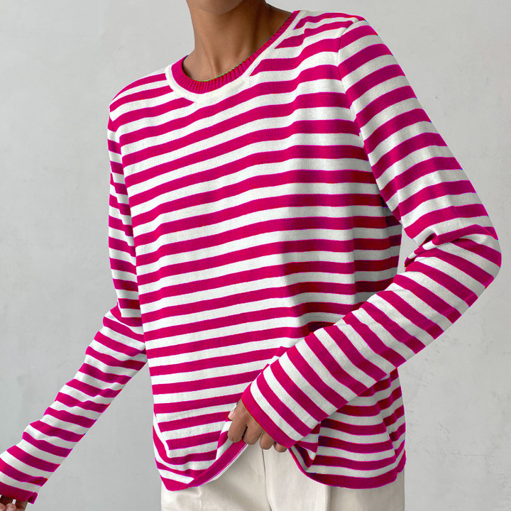 Women's long sleeve striped crew neck sweater with ribbed trims