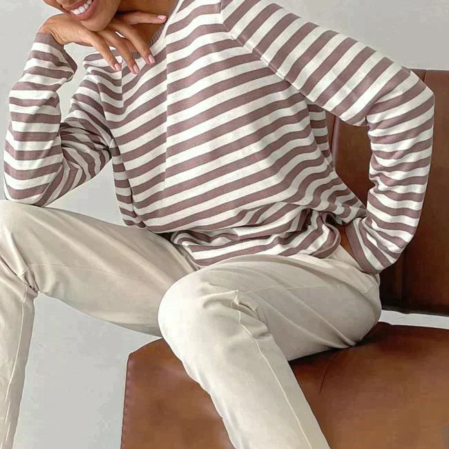 Women's long sleeve striped crew neck sweater with ribbed trims