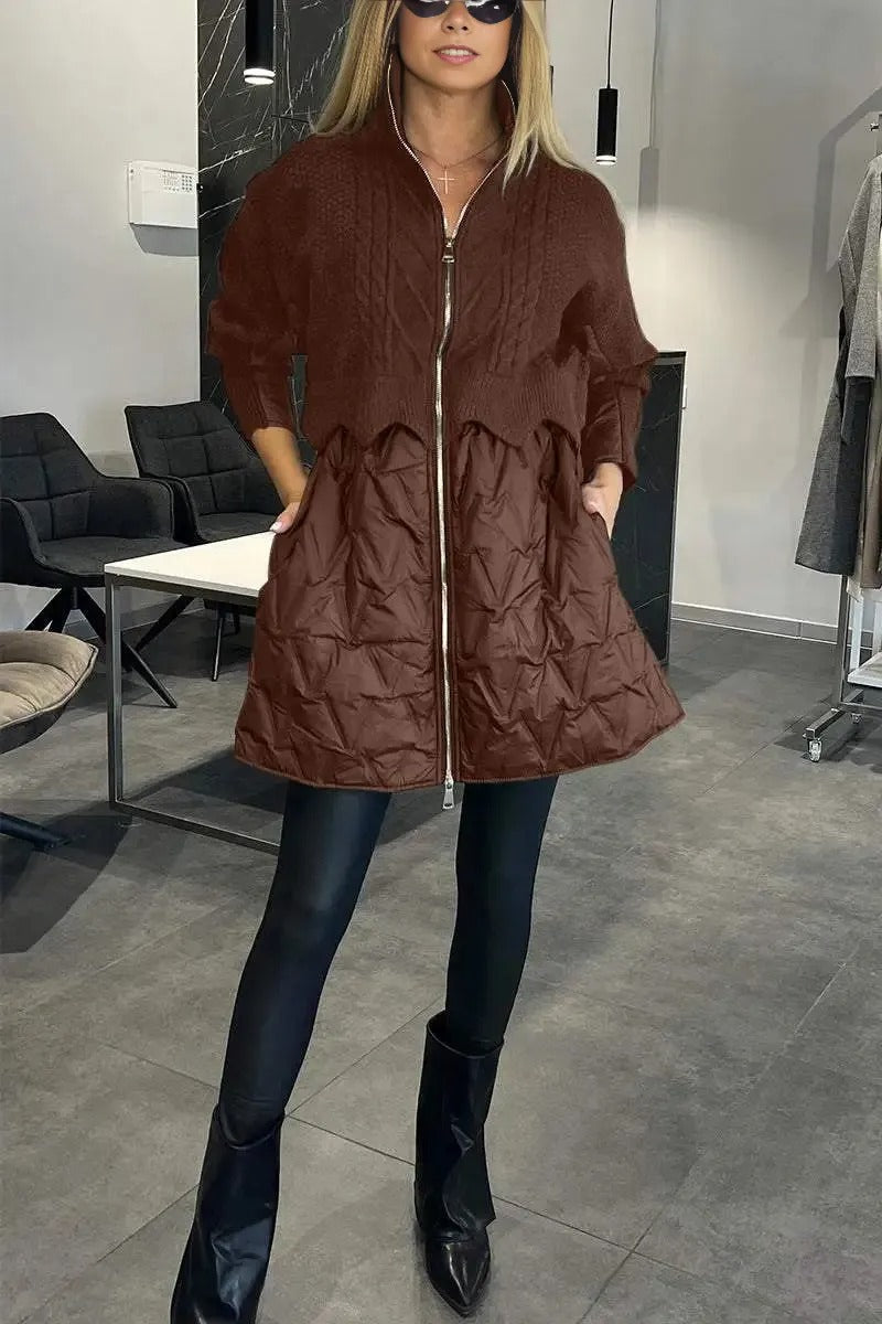 Women's hooded quilted hybrid jacket with textured upper panel and zip front