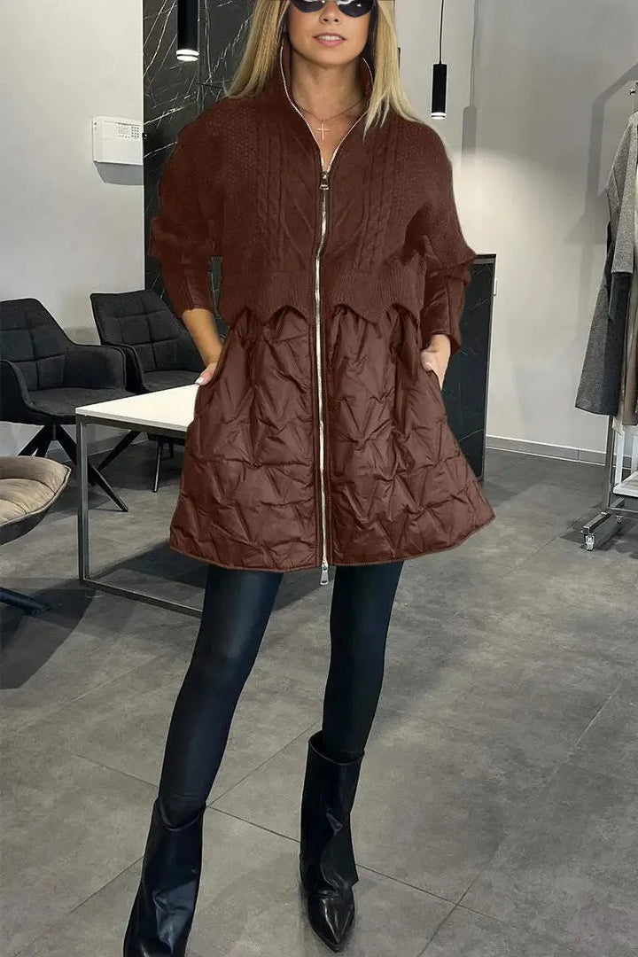 Women's hooded quilted hybrid jacket with textured upper panel and zip front