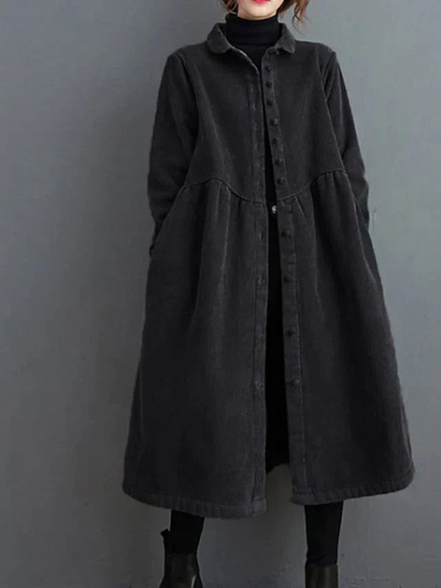 Women's relaxed corduroy midi dress with Mandarin collar and long sleeves