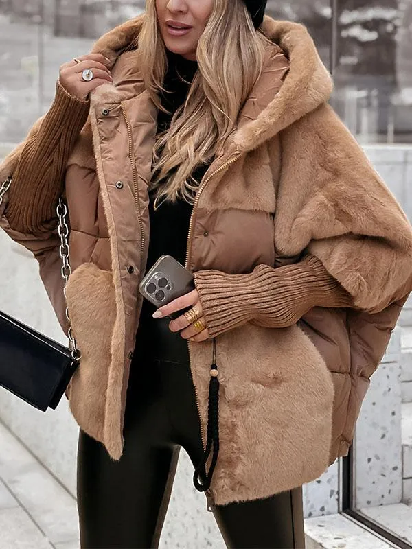 Women's hooded quilted puffer jacket with faux fur trim and ribbed cuffs