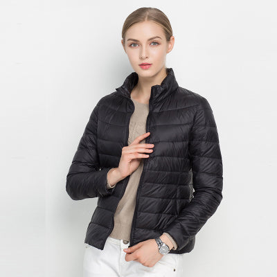 Women's quilted puffer jacket with stand collar and long sleeves