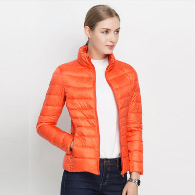 Women's quilted puffer jacket with stand collar and long sleeves