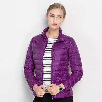 Women's quilted puffer jacket with stand collar and long sleeves