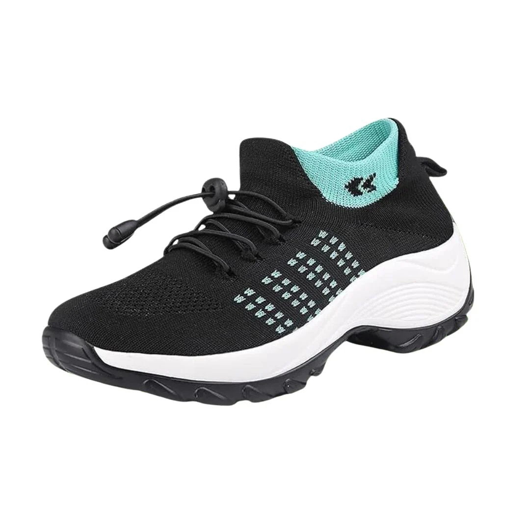 Black walking sneaker with toggle lacing, contrasting side detail and raised white sole