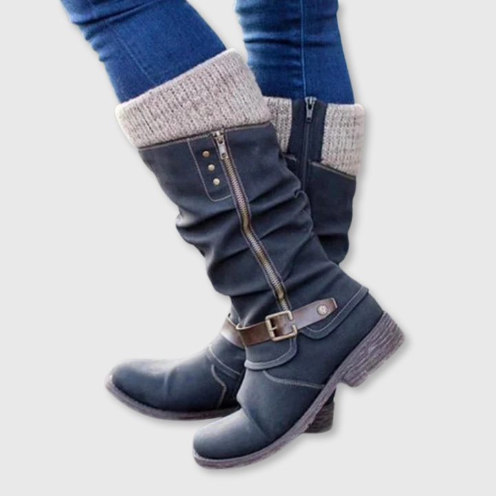 Women's slouch calf boots with knit cuffs, side zippers and buckle straps