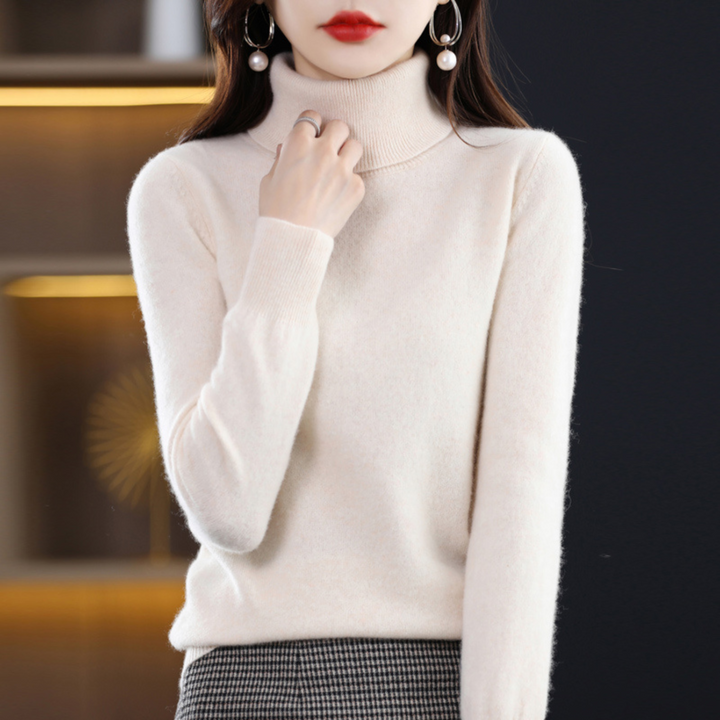 Women's long-sleeve turtleneck sweater with ribbed trims