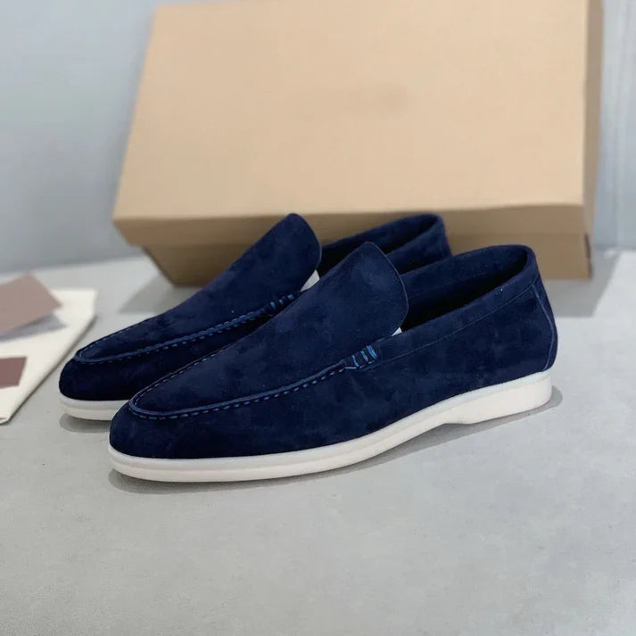 Women's suede-finish slip-on loafers with rounded moc toes and contrasting flat soles