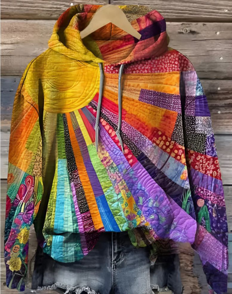Women's multicolour patchwork hoodie with hood and long sleeves