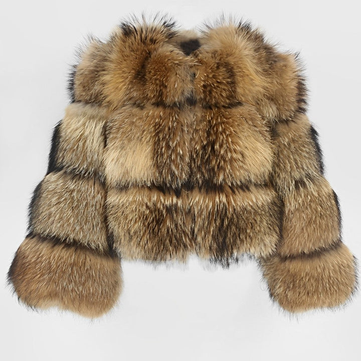 Women's brown reversible fur-effect cropped coat with long sleeves