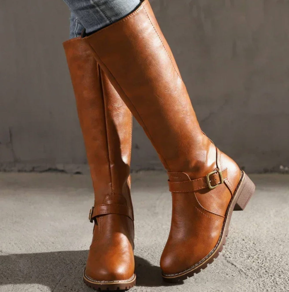 Roxanne | Women's Knee-High Buckle-Strap Block-Heel Leather Boots