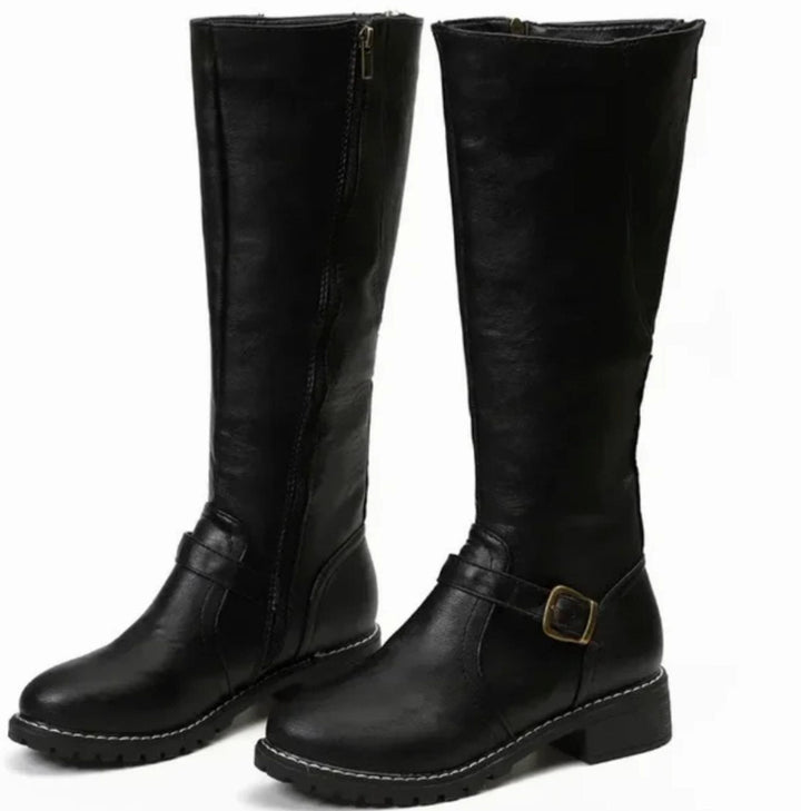 Roxanne | Women's Knee-High Buckle-Strap Block-Heel Leather Boots