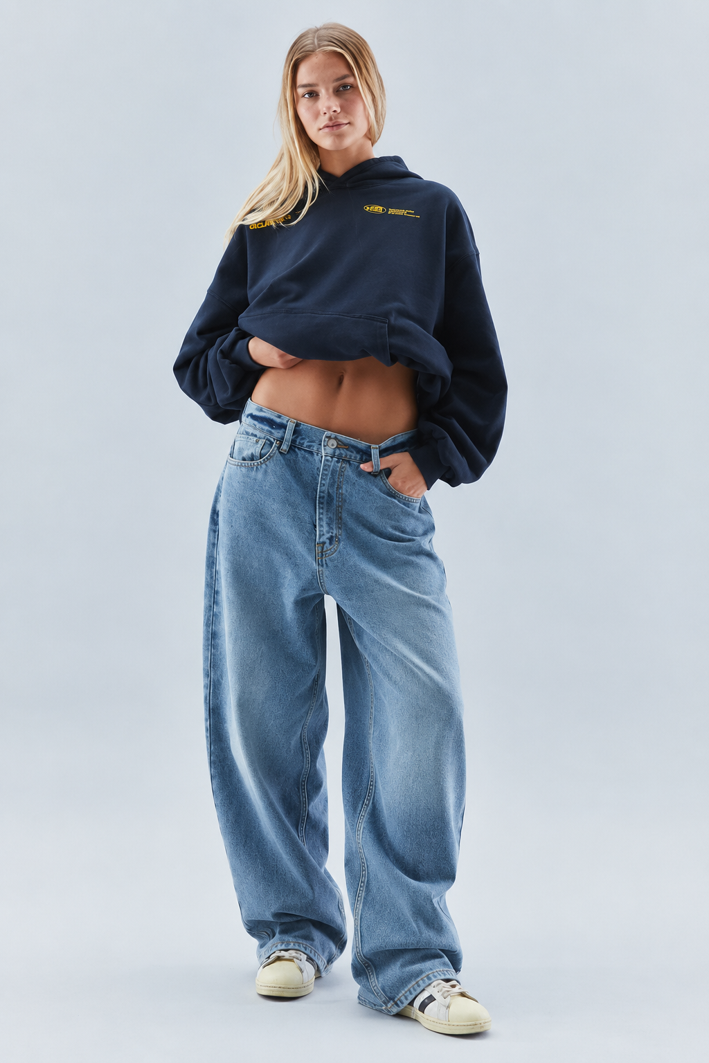Women's oversized cropped hoodie with hood, long sleeves, ribbed trims and chest graphic prints