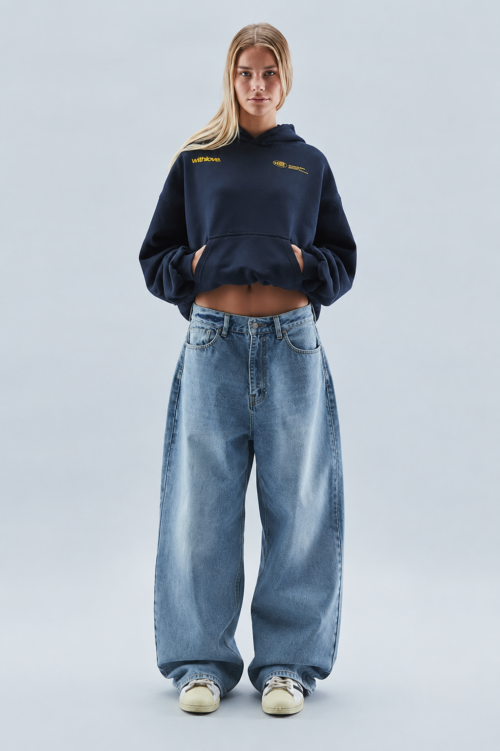Women's oversized cropped hoodie with hood, long sleeves, ribbed trims and chest graphic prints