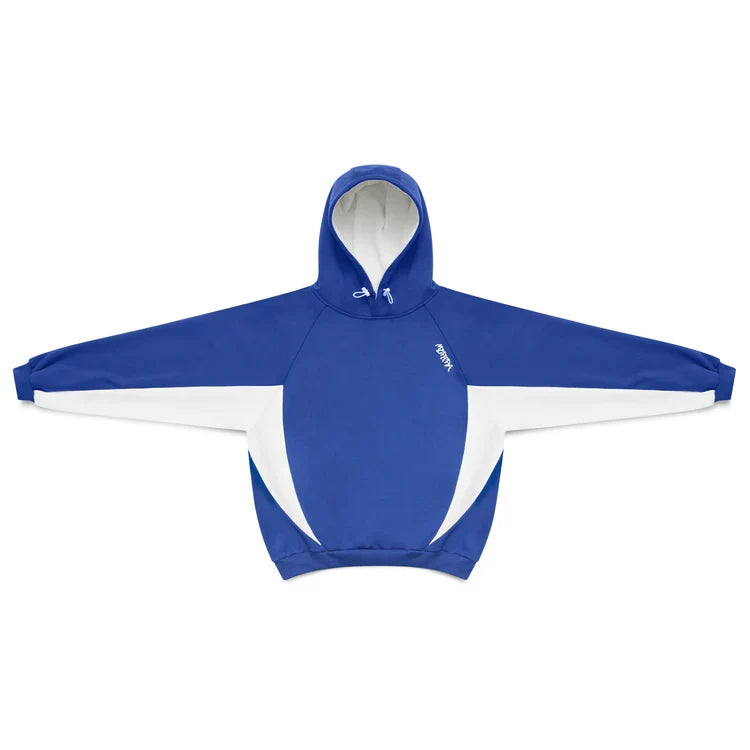 Color block hoodie in gray and blue with a hood and long sleeves