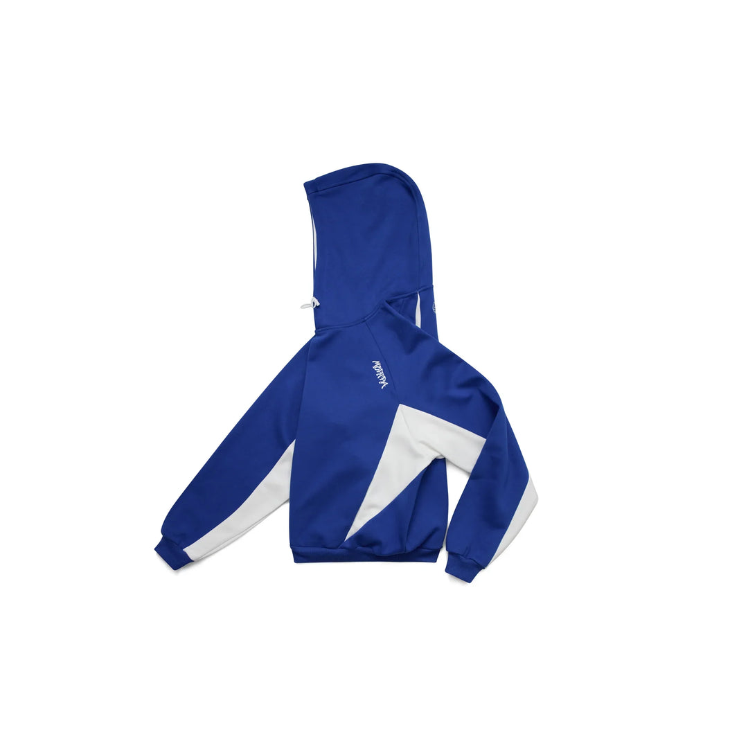 Color block hoodie in gray and blue with a hood and long sleeves