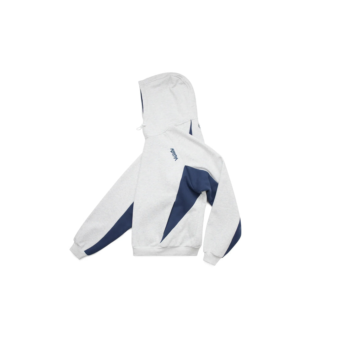 Color block hoodie in gray and blue with a hood and long sleeves