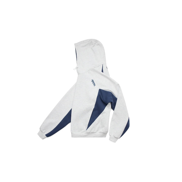 Color block hoodie in gray and blue with a hood and long sleeves