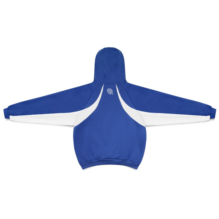 Color block hoodie in gray and blue with a hood and long sleeves