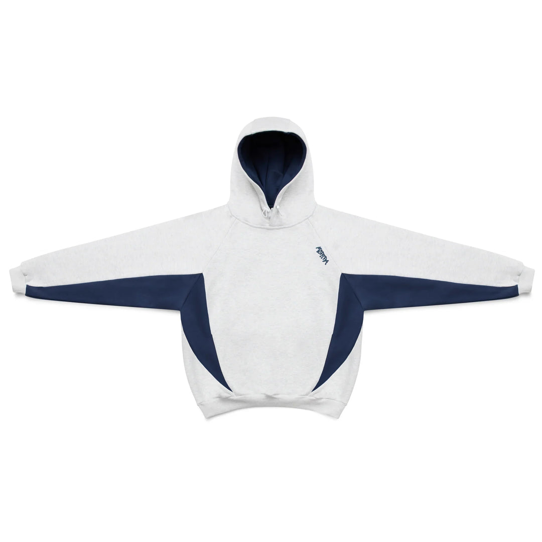 Color block hoodie in gray and blue with a hood and long sleeves