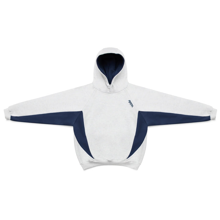 Color block hoodie in gray and blue with a hood and long sleeves