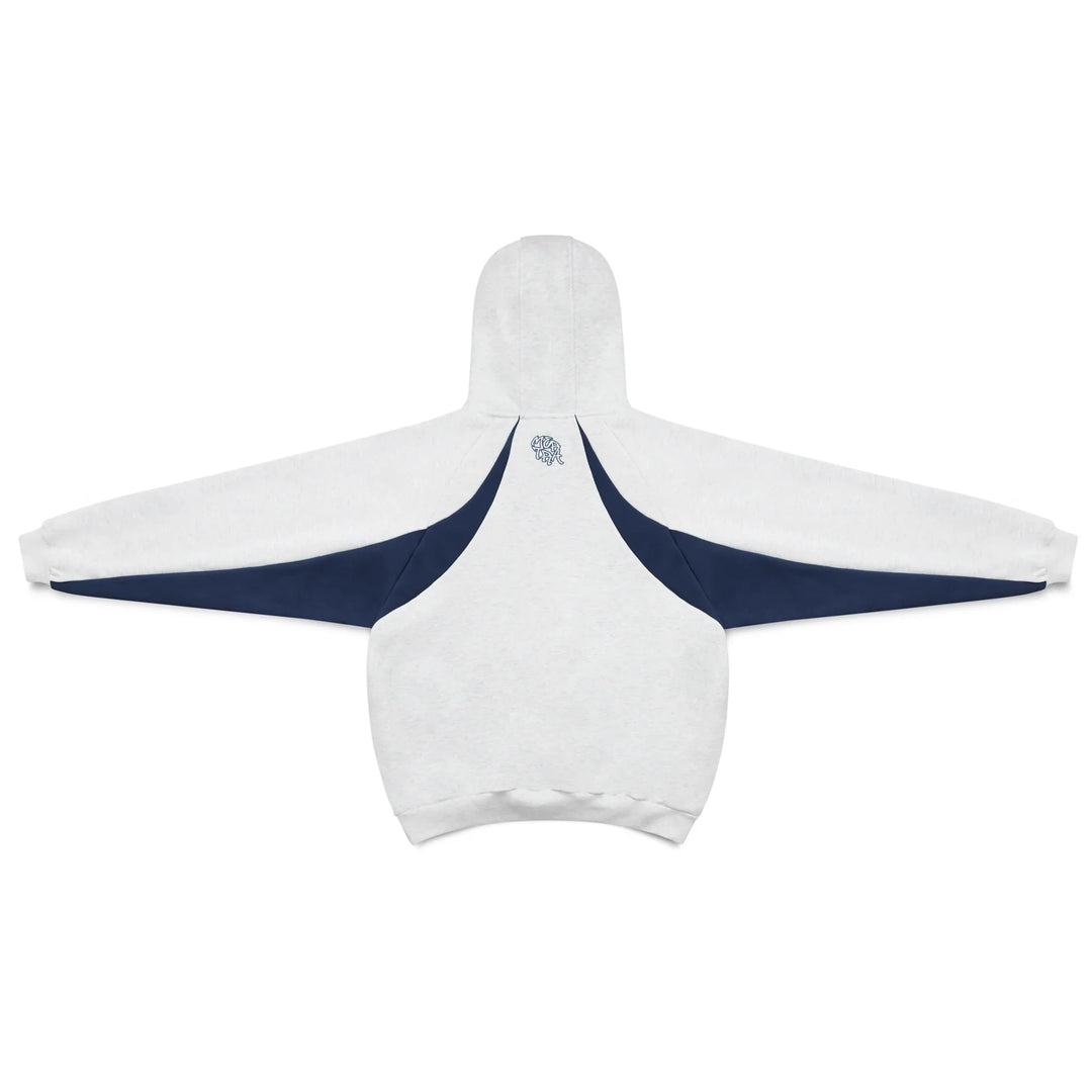 Color block hoodie in gray and blue with a hood and long sleeves