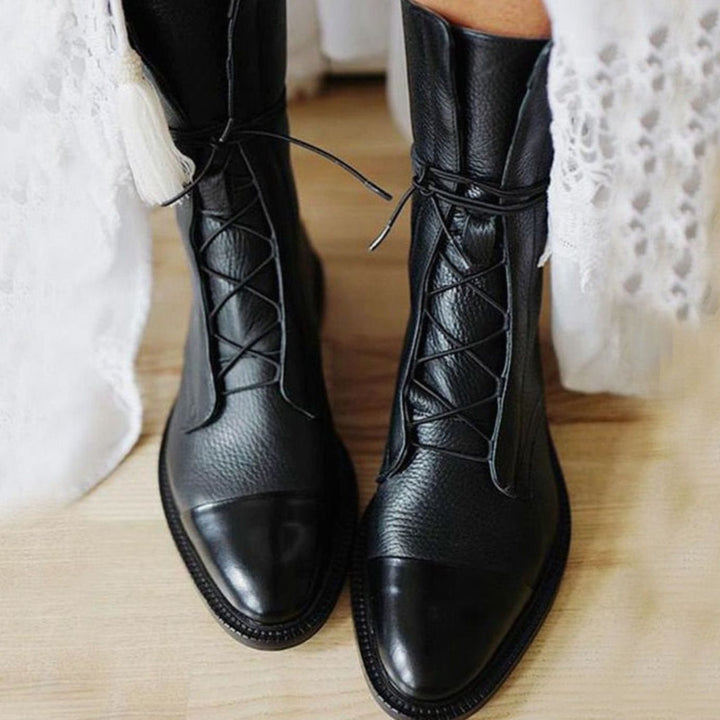 Seraphina | Women's Lace-Up Leather Ankle Boots Cap Toe Flat Sole