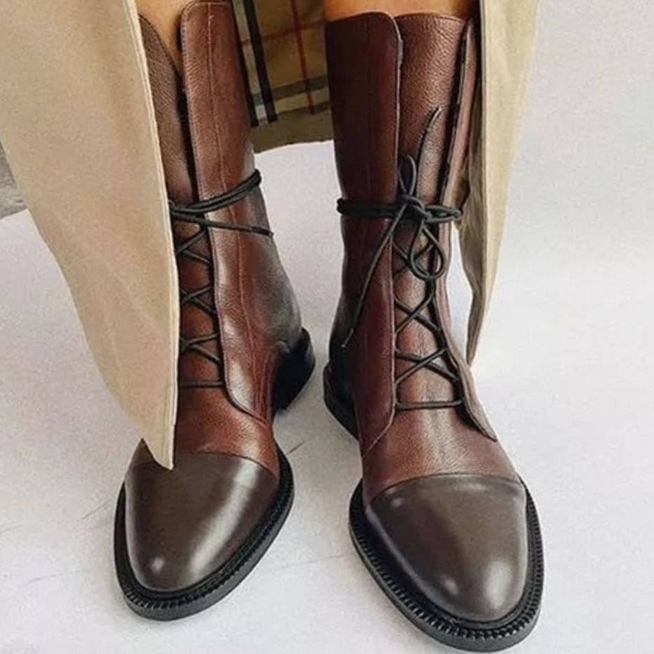 Seraphina | Women's Lace-Up Leather Ankle Boots Cap Toe Flat Sole