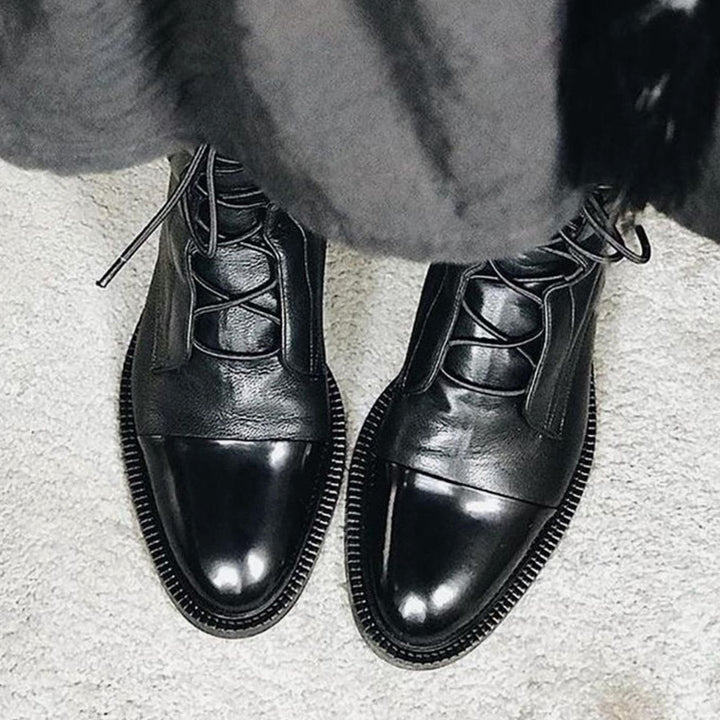 Seraphina | Women's Lace-Up Leather Ankle Boots Cap Toe Flat Sole