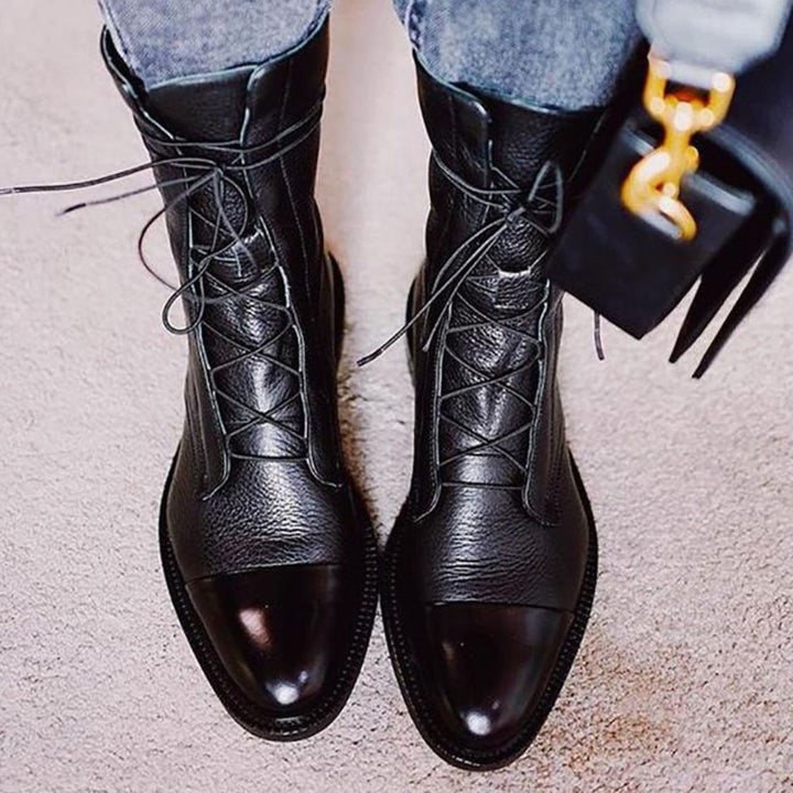 Seraphina | Women's Lace-Up Leather Ankle Boots Cap Toe Flat Sole