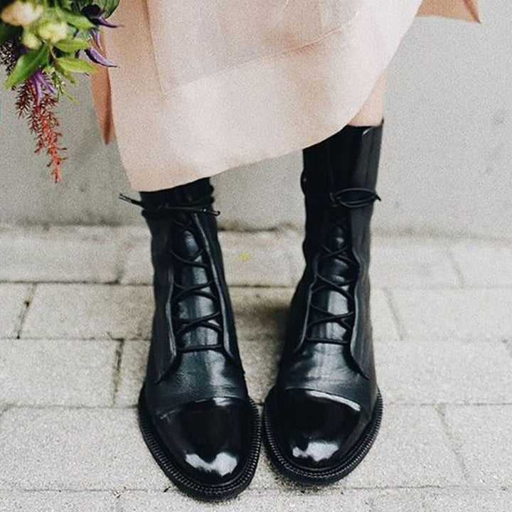 Seraphina | Women's Lace-Up Leather Ankle Boots Cap Toe Flat Sole