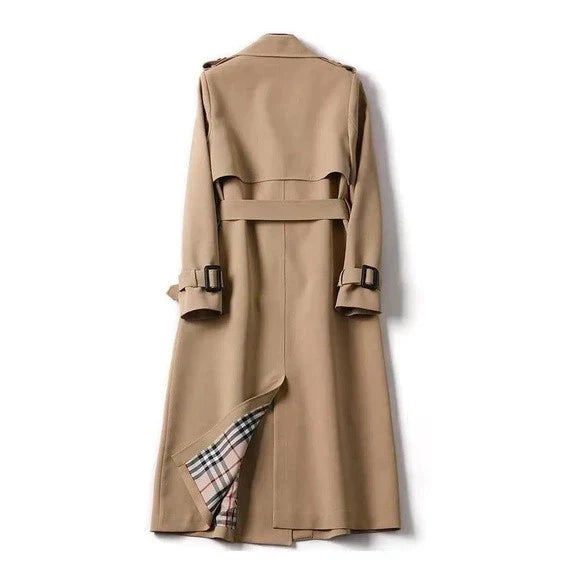 Women's long belted double-breasted trench coat with lapels and cuff straps