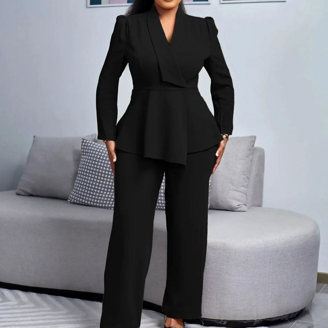 Shiloh | Women's Peplum Blazer Wide-Leg Pants Suit Set