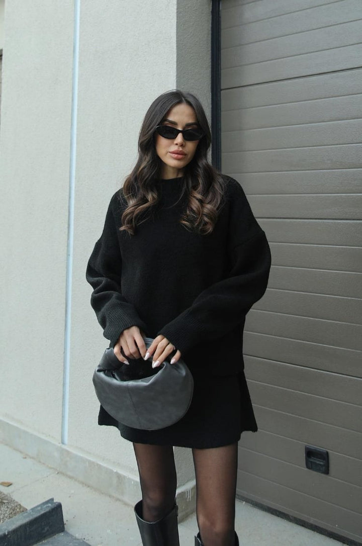 Women's long-sleeve knit sweater and short matching skirt set