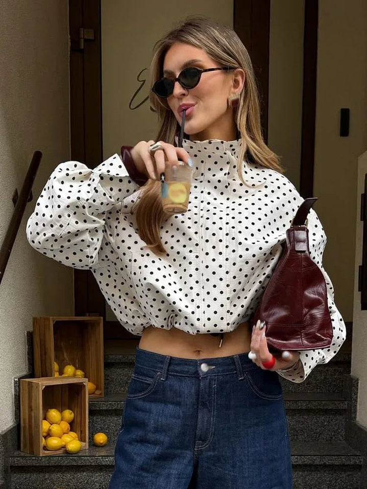 Women's cropped polka dot jacket with high collar and long sleeves