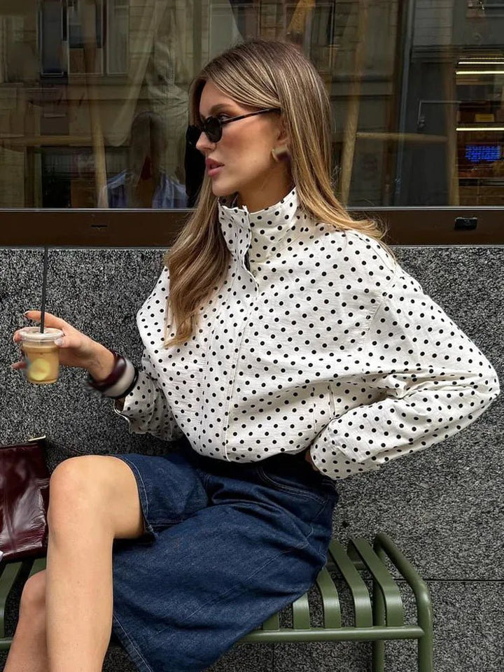 Women's cropped polka dot jacket with high collar and long sleeves