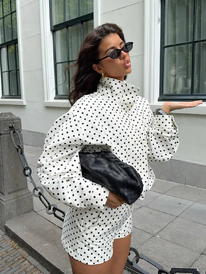 Women's cropped polka dot jacket with high collar and long sleeves
